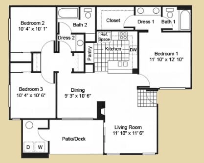 3BR/2BA - 3 Bed 2 Bath A