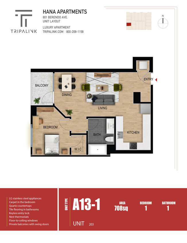 Floor Plan - 1 Bed 1 Bath - 708 sqft