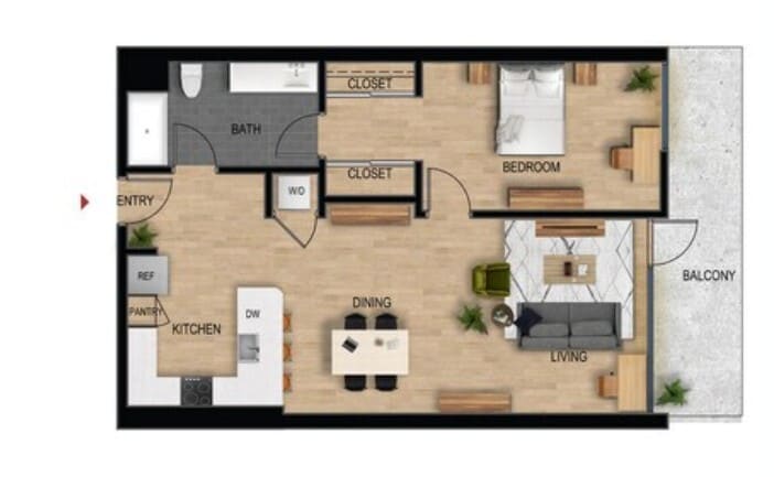 Floor Plan - 1 Bed 1 Bath - 899 sqft