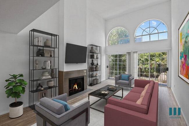Living Room with Fireplace, Vinyl Flooring, and Large-Size Windows - Rose Flower by Wiseman Apartments