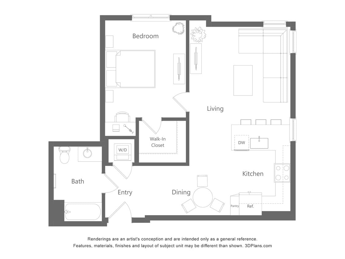 Floor Plan - 1 Bed 1 Bath - 809 sqft