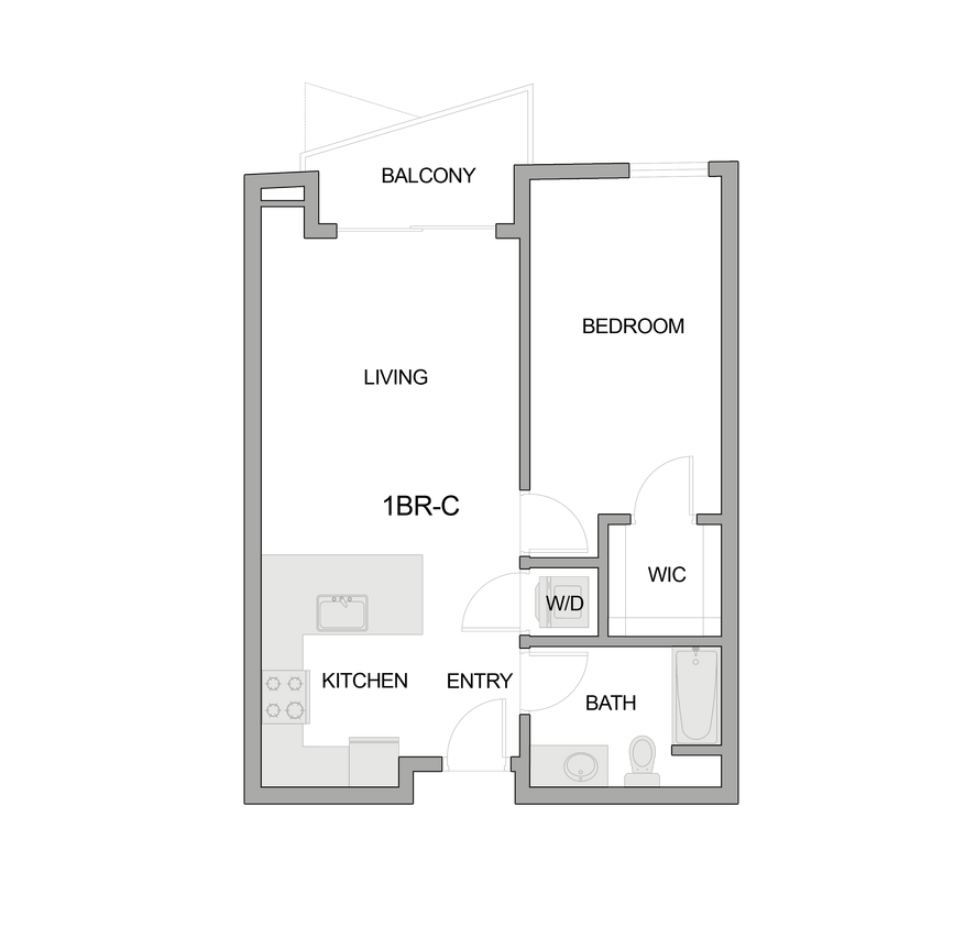2D Floor Plan Rendering of a One-Bedroom Apartment - 1br-c