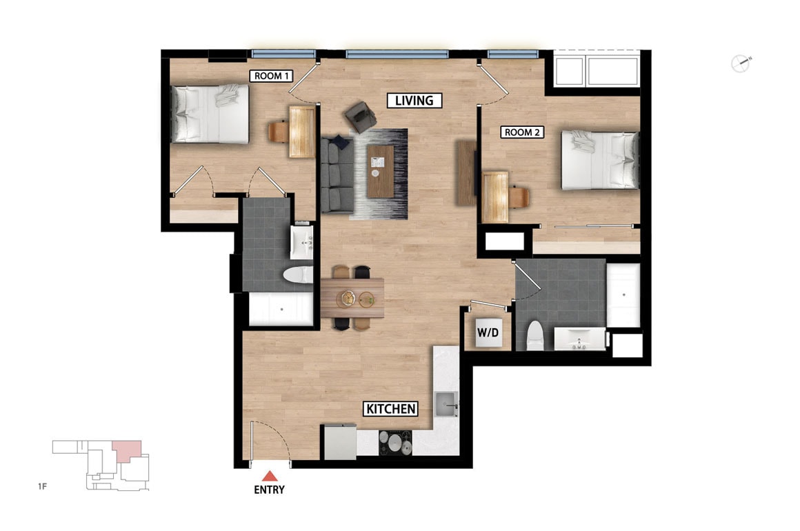 Floor Plan - 2 Bed 2 Bath - 971 sqft