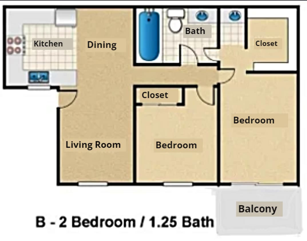 Floor Plan - 2 Bed, 1 Bath 