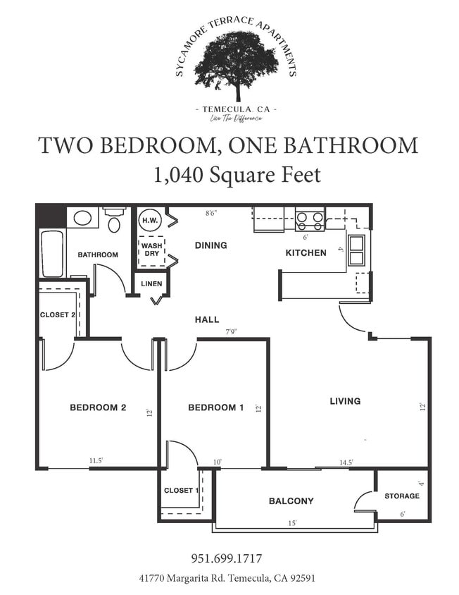 2 Bedroom 1 Bathroom (1,040 sqft.) - 2 Bedroom 1 Bathroom