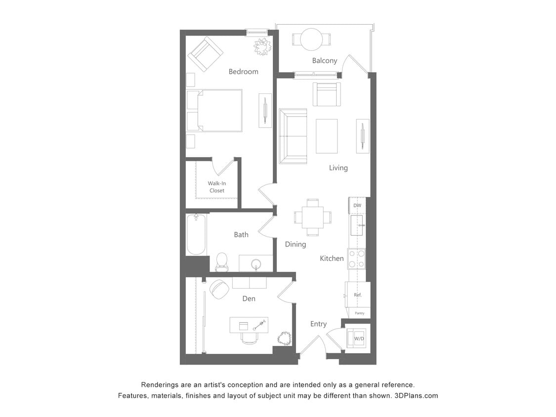Floor Plan - 2 Bed 1 Bath - 879 sqft