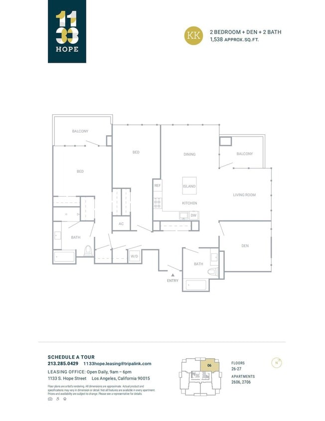 Floor Plan - 2 Bed 2 Bath +Den - 1538 sqft