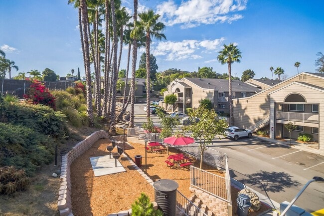 An aerial view of a BBQ & Picnic Area and property at Meadow Creek Apartments in San Marcos, CA - Meadow Creek Apartments