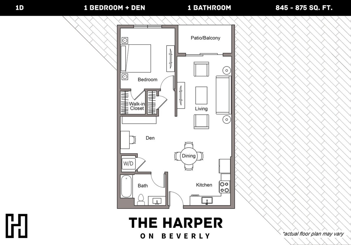 Floor Plan - Plan D - 1 Bedroom Plus Den