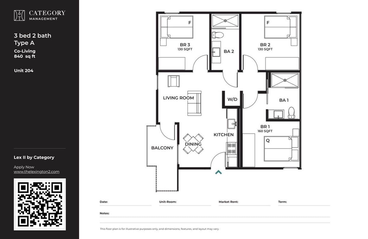 Leasing Floorplan 3bed 2bath type A - Traditonal Apartment (3bed/2bath)