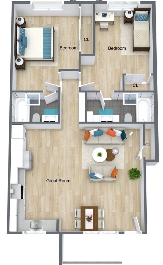 Floor Plan - 2 Bed 2 Bath | 975 sq ft | A1 | Upstairs
