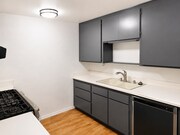 Clean kitchen with gray cabinetry, light countertops, wood-look flooring, and included appliances. - 339 E Taft Ave Unit 2
