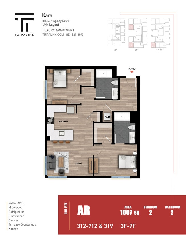 Floor Plan - 2 Bed 2 Bath - 1007 sqft