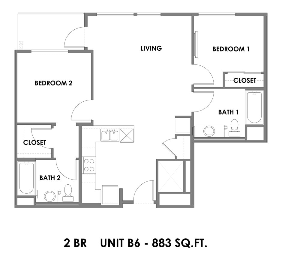 Floor Plan - 2 Bed 2 Bath - 883 sqft