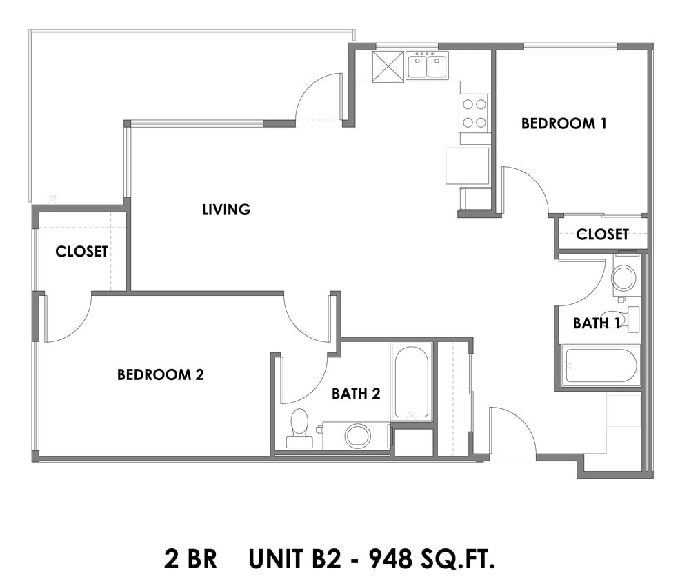 Floor Plan - 2 Bed 2 Bath - 948 sqft