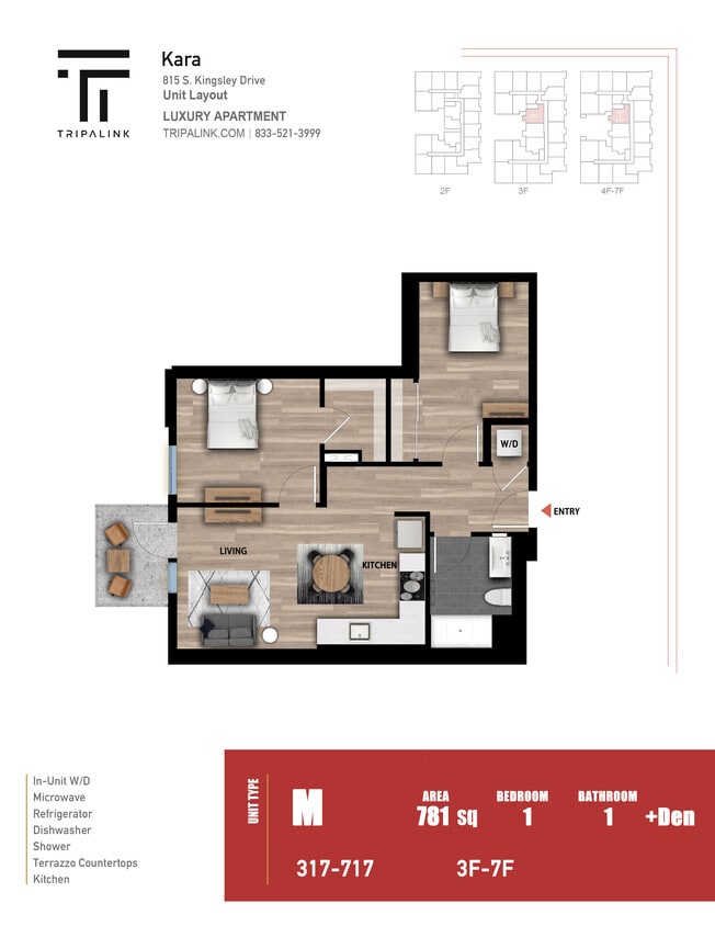 Floor Plan - 1 Bed 1 Bath +Den - 781 sqft