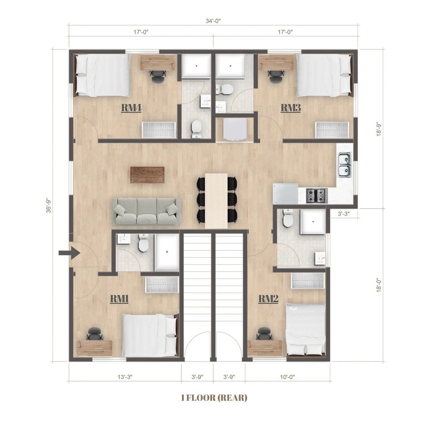 1297 1/4 Floor Plan - 1297 1/4 FL1 Private Suite in Shared 4B4B
