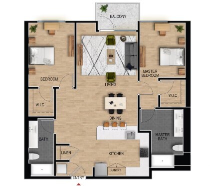 Floor Plan - 2 Bed 2 Bath - 1202 sqft