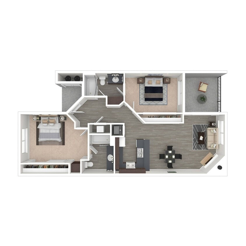 Lower-level center location apartment home with dual patios and open concept kitchen. Split bedrooms each have attached bathrooms. A cozy wood-burning fireplace, central air, and heat complete the features of this floor plan. All homes provide a washer/dryer and storage closet on the patio. - 2-2CD
