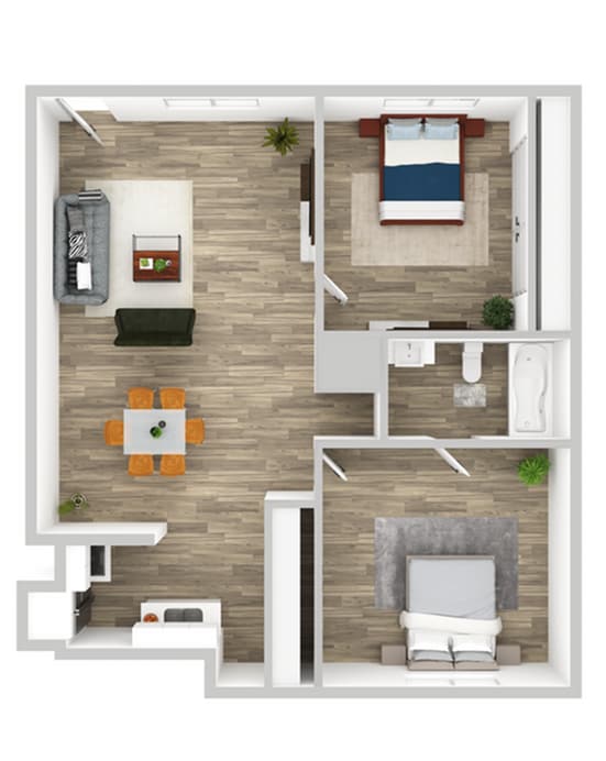 Two-Bedroom One-Bathroom Floor Plan - 2x1