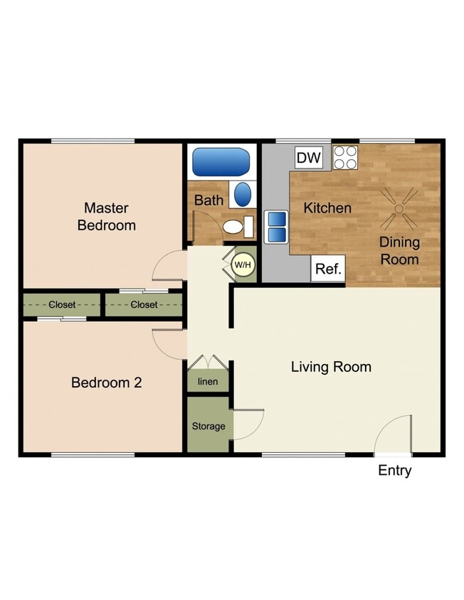 2D Rendering of a 2 Bed Floor Plan - 2x1