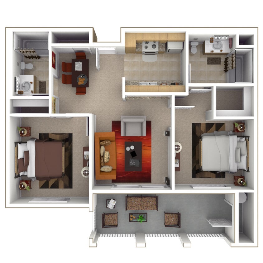 3D Rendering with furniture of a Two-bedroom, Two-Bathroom Floor Plan - 2x2aPR