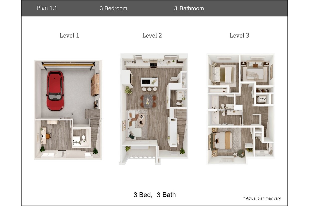 Floor Plan - 3 Bedroom, 3 Bath Townhouse Plan 1