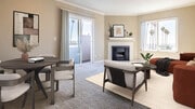 Carpeted Living Room with Fireplace and Balcony - Vantage Hollywood Apartments
