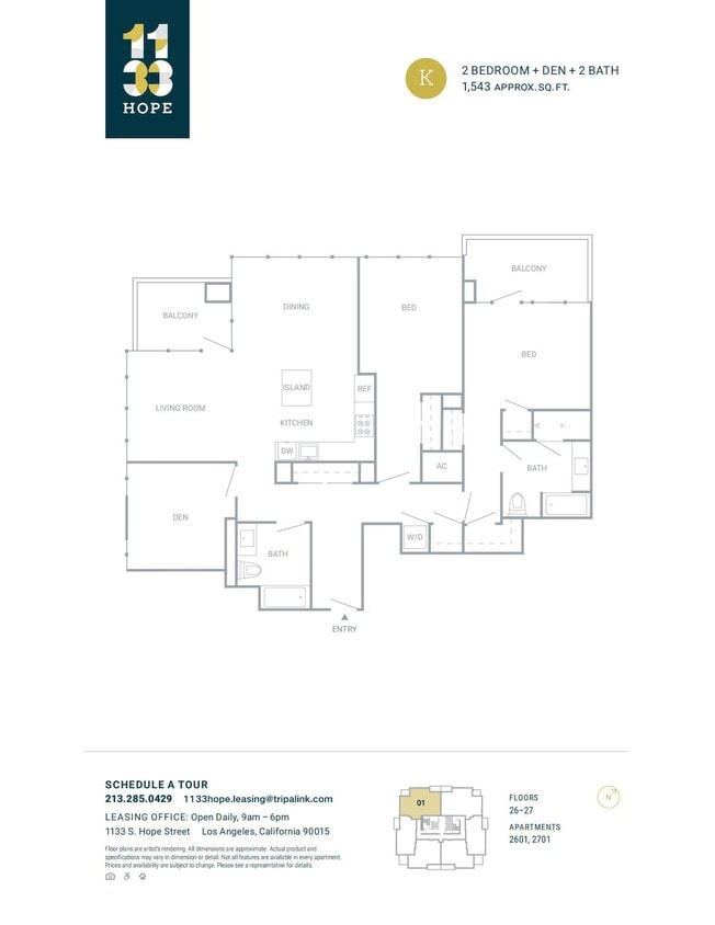 Floor Plan - 2 Bed 2 Bath +Den - 1538 sqft