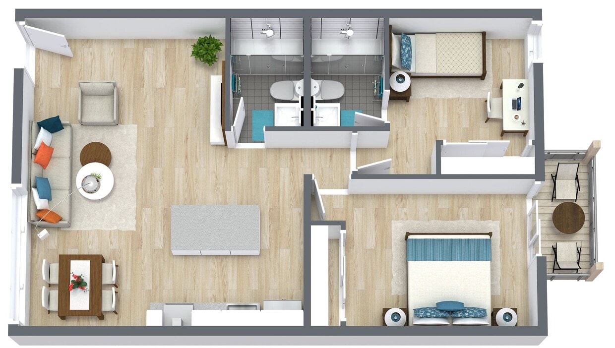 Floor Plan - 2 Bed 2 Bath | E1 | Balcony | Floor 1