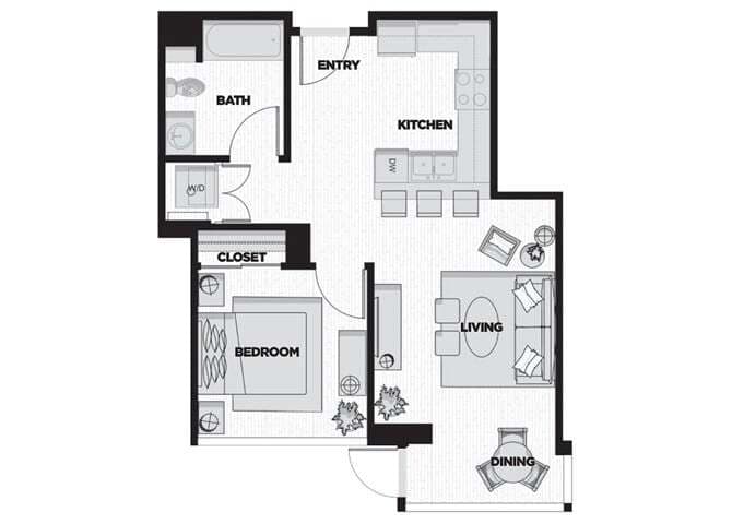 Floor Plan - 1 Bed - 1 Bath D2