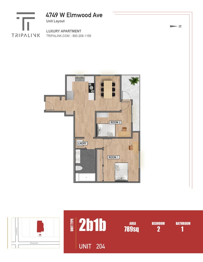 Floor Plan - 2 Bed 1 Bath - 789 sqft