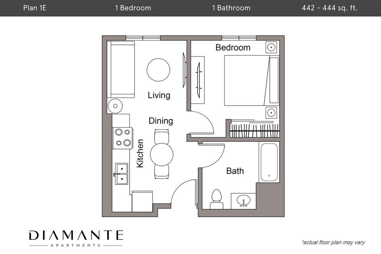 Floor Plan - Plan 1E - 1 Bedroom, 1 Bath