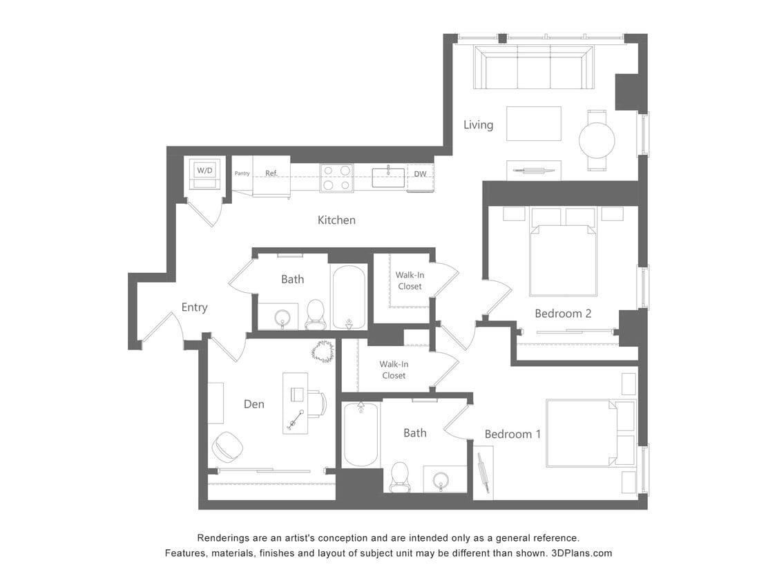 Floor Plan - 3 Bed 2 Bath - 1073 sqft