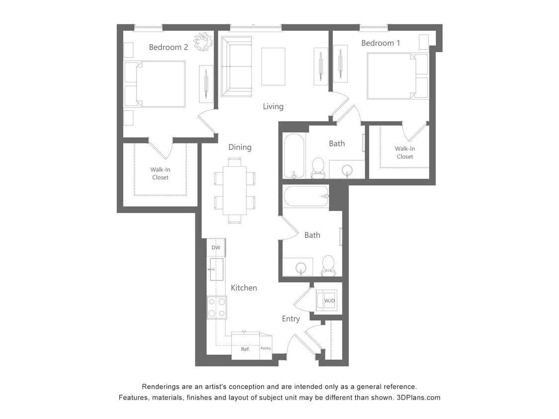 Floor Plan - 2 Bed 2 Bath - 962 sqft
