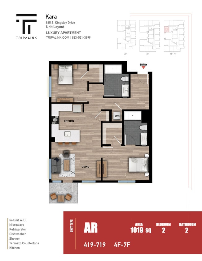 Floor Plan - 2 Bed 2 Bath - 1019 sqft