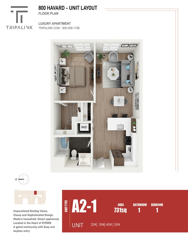 Floor Plan - 1 Bed 1 Bath - 731 sqft