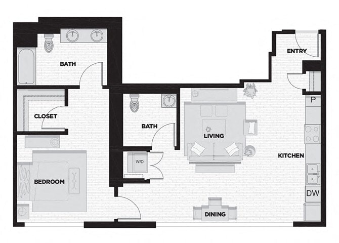 Floor Plan - 1 Bed - 1.5 Bath R 