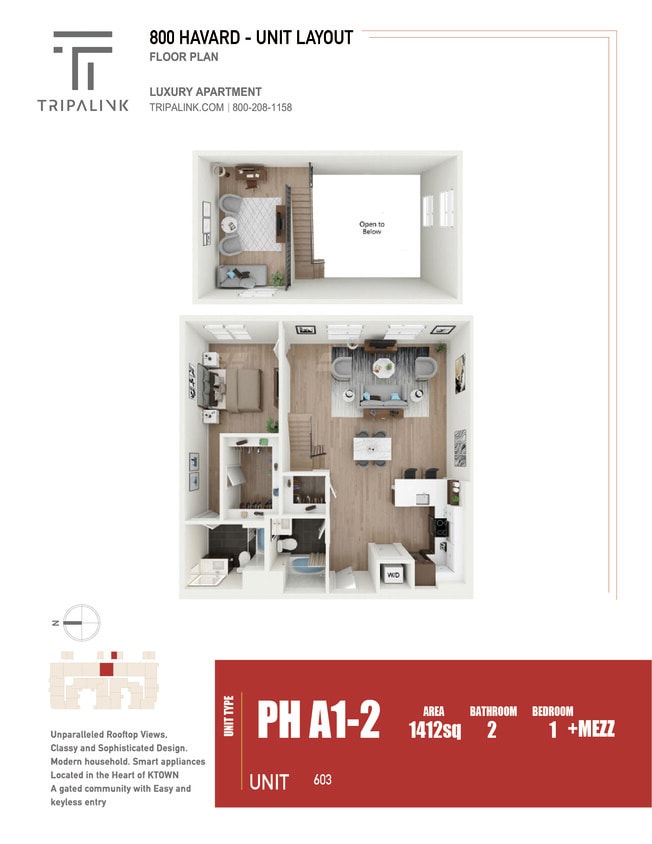 Floor Plan - 1 Bed 2 Bath - 1412 sqft