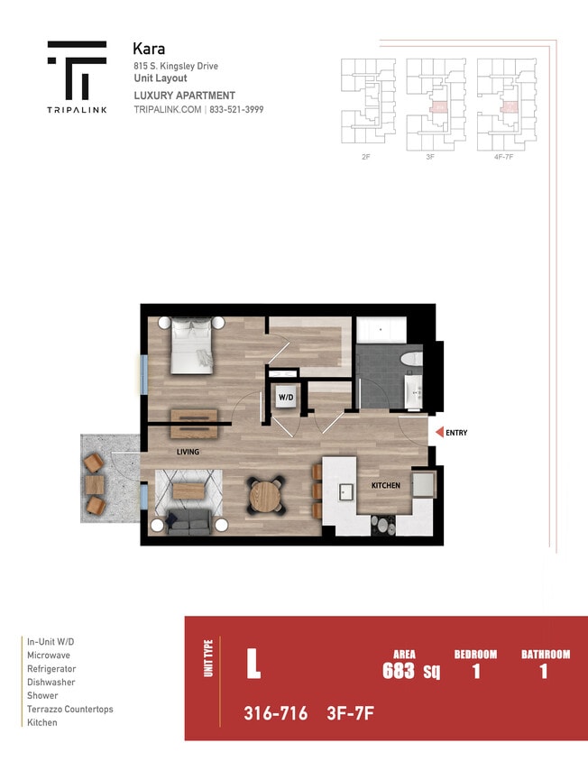 Floor Plan - 1 Bed 1 Bath - 683 sqft