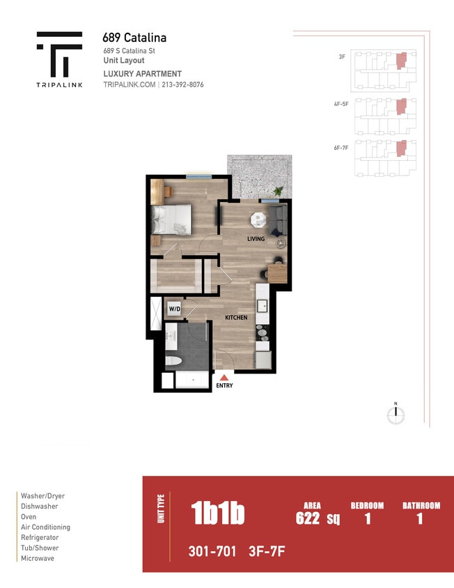 Floor Plan - 1 Bed 1 Bath - 622 sqft