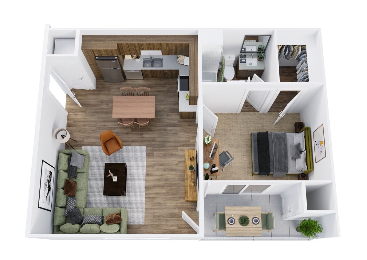 3D floor plan rendering - 2A-1 - One-Bedroom, One-Bathroom - 1B-1