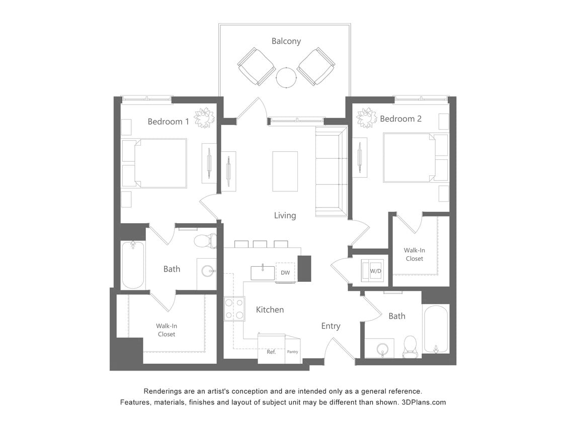 Floor Plan - 2 Bed 2 Bath - 957 sqft
