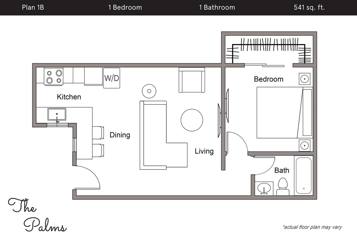 Floor Plan - 1 Bedroom, 1 Bath B