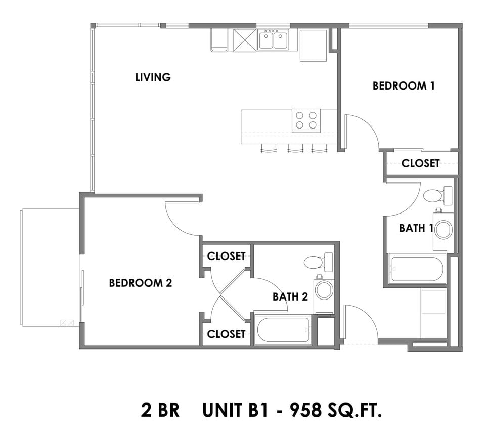 Floor Plan - 2 Bed 2 Bath - 958 sqft