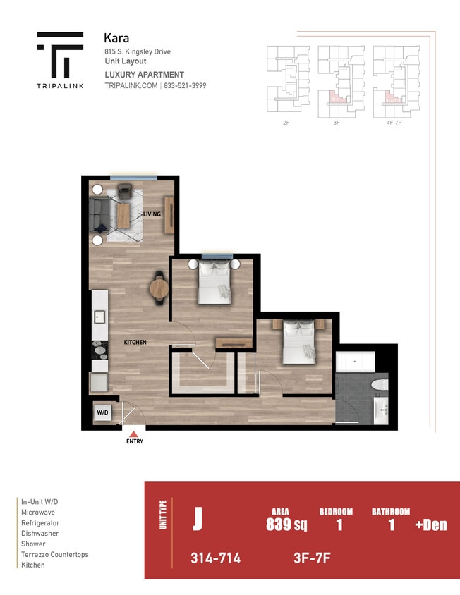 Floor Plan - 1 Bed 1 Bath +Den - 839 sqft
