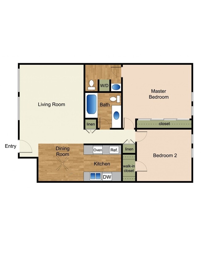 2D Rendering of 2 Bed 1.5 Bath Floor Plan - 2x1.5