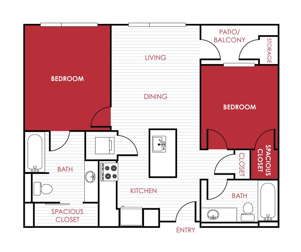 Floor Plan - 2 Bed 2 Bath - 855 sqft