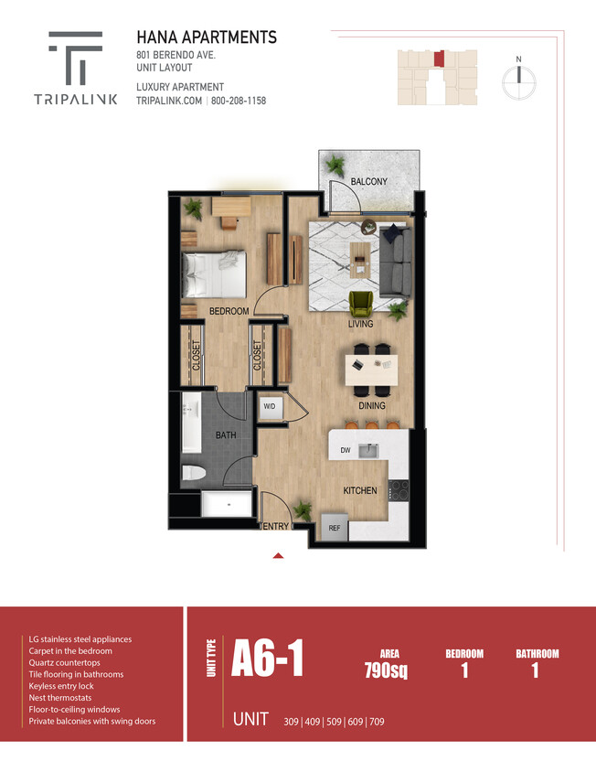 Floor Plan - 1 Bed 1 Bath - 790 sqft