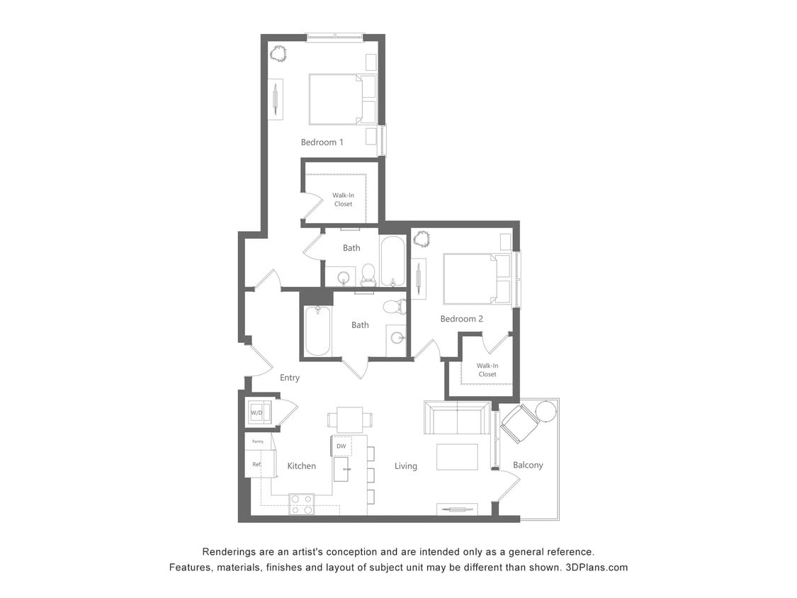 Floor Plan - 2 Bed 2 Bath - 1046 sqft